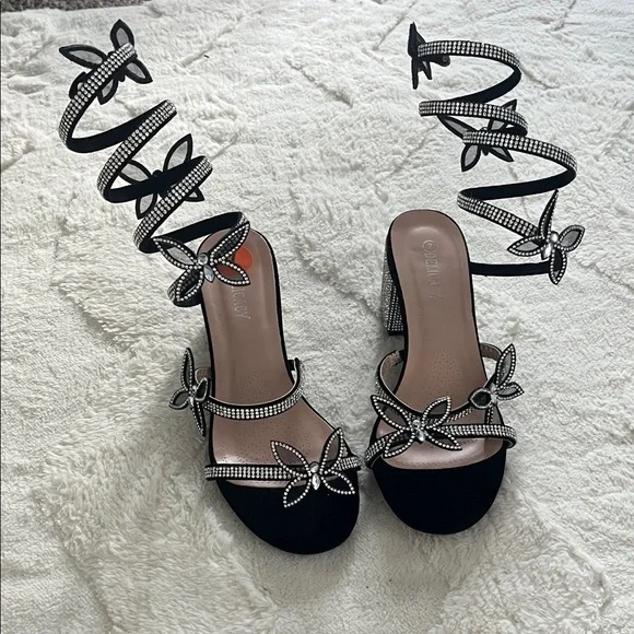 Black Rhinestone Wrap Heels - Picture 3 of 6